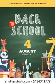 Back to school poster. Open day party event invitation placard pictures of funny school cartoon animals vector banner flyer. Illustration of back school poster with fox and owl, hedgehog and giraffe