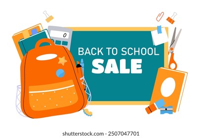 Back to School Poster. Orange backpack with books and calculator. Studying at university, high school or college. Cartoon flat vector illustration isolated on white background