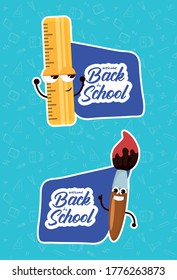 volver al afiche escolar con pincel de pintura y regla kawaii caracteres diseño de ilustración vectorial