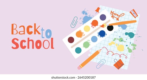 Back to School Poster with Paint Palette, Paintbrush, Pencil, Sharpener, Clip, Pin, Color Splatters and Hand Drawn Doodles on Grid Paper. Vector Illustration