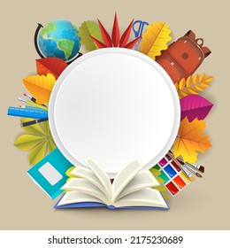 Back to school poster in paper cut style. Study stationary, learning supply and autumn leaves in circle with round empty blank copy space. Knowledge day vector illustration