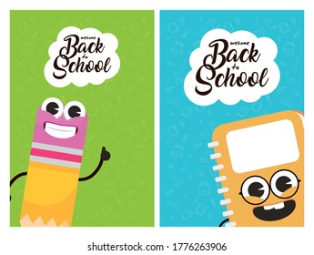 afiche de regreso a la escuela con lápiz y cuaderno kawaii caracteres diseño de ilustración vectorial