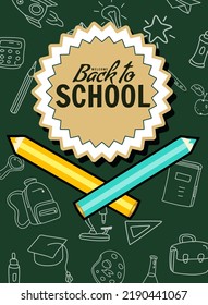 Back to school poster, pencils, clock alarm clock, retro. Sale Background template