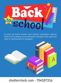 Back to school poster with pile of books standing in row and lying one on another vector. Colorful textbooks in hardcover, encyclopedia materials