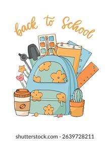 back to school poster, print, card, invitation, banner design decorated with lettering quote and doodles of school supplies. EPS 10