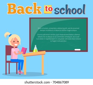 Back to school poster with profile of smiling girl sitting at desk with open book, schoolchild doing homework vector illustration, place for text on blackboard