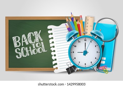 Back to school poster with realistic 3d supplies. For pre-school, middle, high, collage, university. Vector illustration.