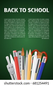 Back to School poster. Realistic stationery on green chalk board background. Graphic design elements for school invitation template, sale flyer. Writing supplies sale concept idea. Vector illustration