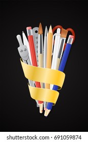 Back to School poster. Realistic stationery on black chalk board background. Graphic design elements for school invitation template, sale flyer. Writing supplies sale concept idea. Vector illustration