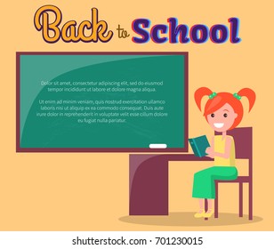 Back to school poster with redhead girl profile view sitting at desk with open book reading novel near blackboard vector illustration