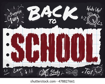 Back to School poster with reminder of all responsibilities, homework, exams and other things of class season.