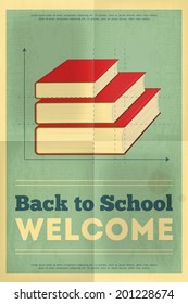 Back to School Poster in Retro Style with Classbook. Vector Illustration.