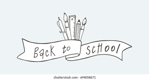 Back to school poster with ribbon and school stuff. Black and white vector illustration.