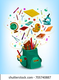 Back to School poster of rucksack or backpack full of lesson stationery and study supplies. Vector school book, pen or pencil and globe, maple or rowan leaf and ruler on in confetti