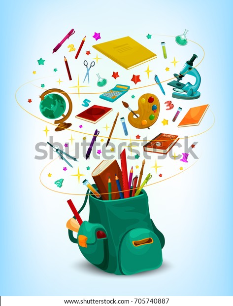 Back to
School poster of rucksack or backpack full of lesson stationery and
study supplies. Vector school book, pen or pencil and globe, maple
or rowan leaf and ruler on in
confetti