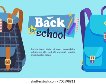 Back to school poster with rucksack for boys in blue colors with big pockets and metal fasteners vector illustration isolated with text