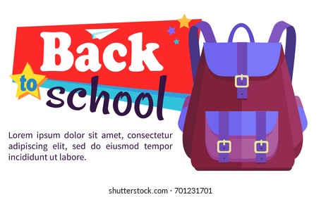 Back to school poster with rucksack unisex in purple and blue colors with big pocket and metal fasteners vector illustration isolated on white