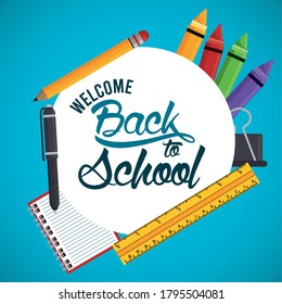 back to school poster with rule and supplies circular frame vector illustration design