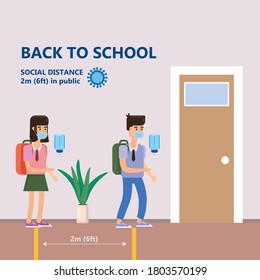 Back to school poster safe social distancing and coronavirus covid-19 prevention, masked children school interior. Keep distance in school to protect from COVID-19 coronavirus concept. Vector banner