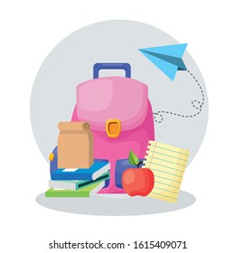 back to school poster with schoolbag and supplies vector illustration design