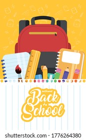 cartel de regreso a la escuela con bolso de escuela y suministros de diseño de ilustración vectorial