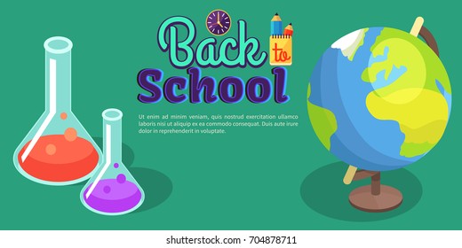 Back to school poster with scientific equipment vector illustration, cartoon style laboratory flasks, geographical globe and stationery objects