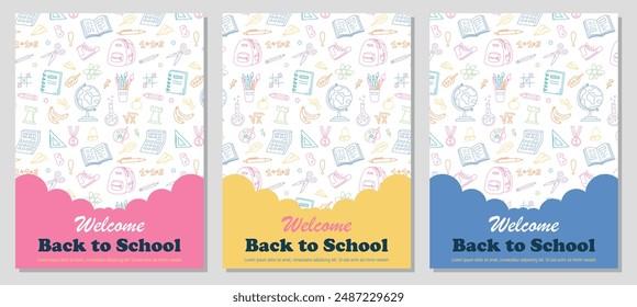 Back to school poster set, checkered background. Vector minimalist design with school supplies, stationery. Templates for ads, branding, banner, flyer, sale
