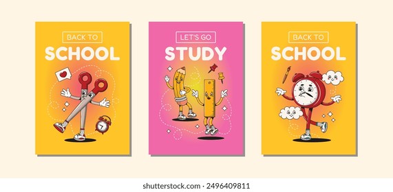 Back to school poster set. Collection of funny educational posters or banners with groovy retro stationery characters or mascots and yellow pink gradient backgrounds. Posters for school, college.