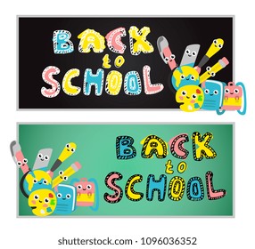 Back to school poster set with cute school supplies characters on chalkboard. Funny objects for education - textbook, pen and pencil eraser, for art brush with palette schoolbag. Vector illustration