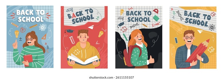 Back to School Poster Set. Cute doodle covers with happy school students reading books, holding pencil and heading to class. Education and learning. Flat vector illustration isolated on background