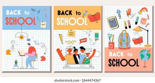 Back to School Poster Set – Cute Vector Education and Learning Concept.A colorful vector set of “Back to School” posters featuring students, school supplies, learning gadgets, and study elemenents.

