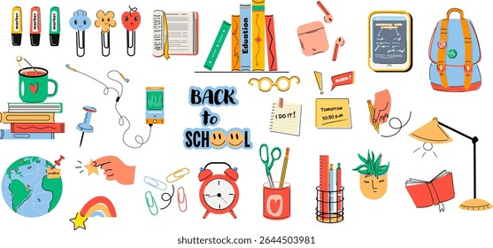 Back to School Poster Set – Cute Vector Education and Learning Concept.Includes backpacks, notebooks, highlighters, laptops, globe, online learning, and diverse children.Great for education.

