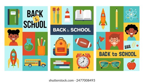 Back to school poster set design with school supplies and cute students. Modern icon set. Vector illustration