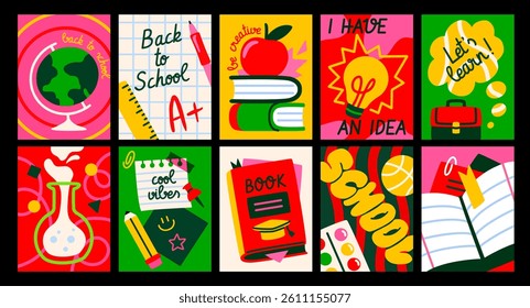 Back to School Poster Set. Doodle Covers with globe, books, pencil and backpack. Education, learning and studying. Flat hand drawn vector illustration collection isolated on background