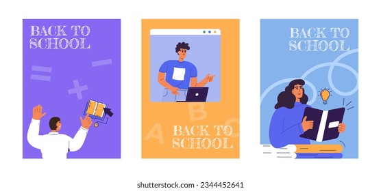 Back to school poster set. Happy man and woman. Vector education illustration. Banner, poster, flat design with woman character. Vector illustration