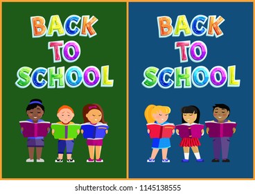 Back to school poster set including children standing with books and reading. Cartoon vector pupils or preschoolers with educational material in hands