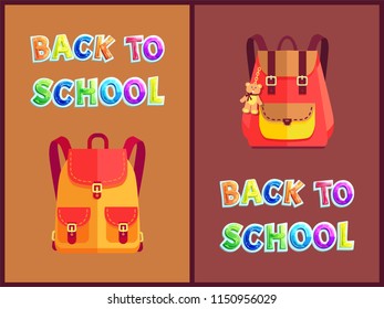 Back to school poster set including rucksacks for girls with bear toy trinket. Backpack locked on stapes with pockets and stitched fabric isolated.