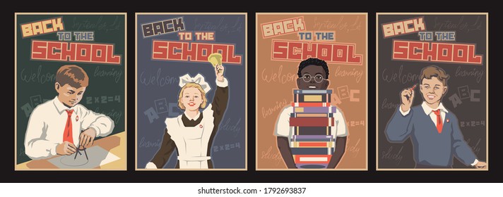 Back To The School Poster Set Retro Soviet Placards Style, Schoolboys And Schoolgirl 