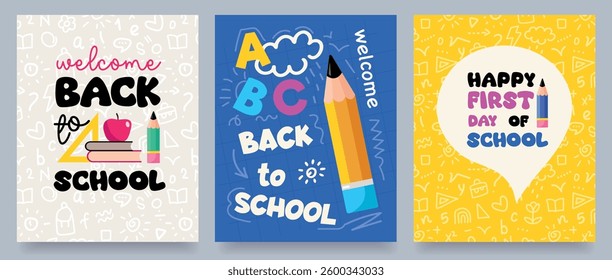 back to school poster set with scribble doodle seamless pattern, autumn eve, pencil, cute blot, ink, doodle drawing elements, cover, background, poster, web, wallpaper, vector illustration