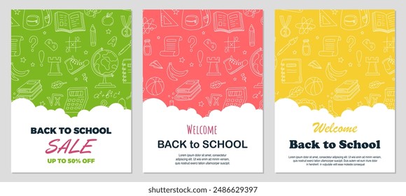 Back to school poster set. Back to School Social Media Template Collection with hand draw doodle background