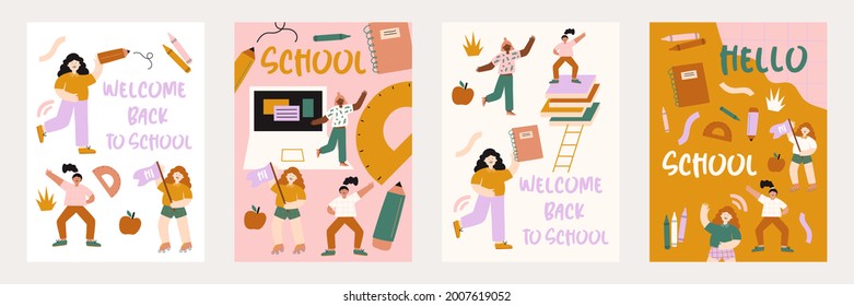 Back To School Poster Set With Student And Lettering. First Day Of School, Journaling Cards. Vector Illustration.