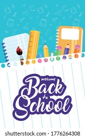 afiche de regreso a la escuela con suministros de conjunto diseño de ilustración vectorial