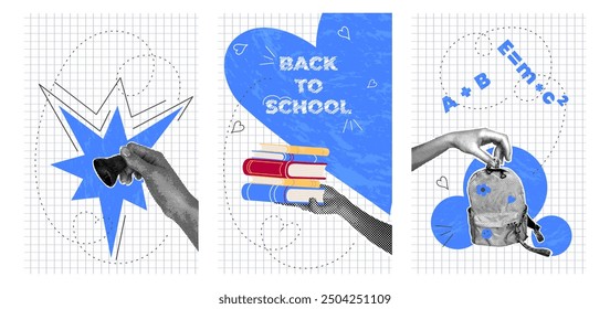 Back to School Poster Set. Trendy halftone collage, textbooks, school backpack, bell, scribbles on checkered background. Concept of learning, knowledge. Vector illustration