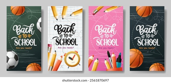 Back to school poster set. Welcome Back to school text with soccer ball, basketball and color pencil educational elements for learning flyers lay out collection. Vector illustration
