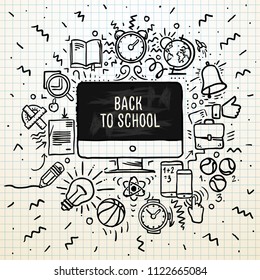 Back to school poster,  sketchy notebook doodles with lettering,  vector illustration.