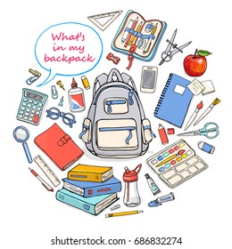 Back To School Poster With Stationary And Backpack For Design. Vector Illustration