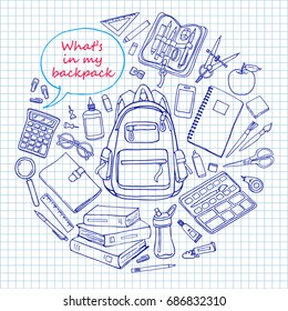 Back to school poster with stationary and backpack for design. Vector illustration on square lined exercise book.