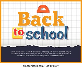Back to school poster with stationery object wooden protractor above inscription vector illustration isolated on checkered background