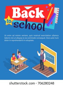 Back to school poster with stationery two students boy and girl sitting at desk and teacher standing near blackboard at grammar lesson vector illustration