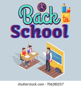 Back to school poster with stationery two students boy and girl sitting at desk and teacher standing near blackboard at grammar lesson vector illustration